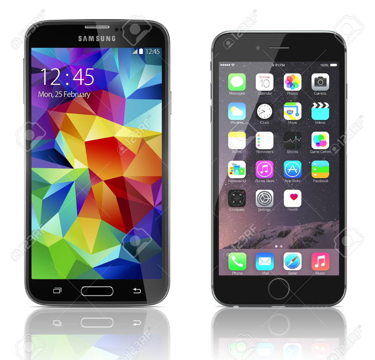 Comparison of Samsung Galaxy S5 and Apple iPhone 6 side by side. Samsung Galaxy S5 is the newest smart phone from Samsung and Apple Silver iPhone 6 Plus showing the home screen with iOS 8. - 32476660 Comparison of Samsung Galaxy S5 and Apple iPhone 6 side by side. Samsung Galaxy S5 is the newest smart phone from Samsung and Apple Silver iPhone 6 Plus showing the home screen with iOS 8. - 32476660