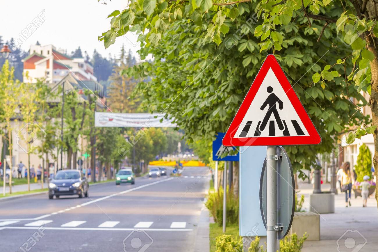 Zebra crossing, pedestrian cross warning traffic road sign in blue