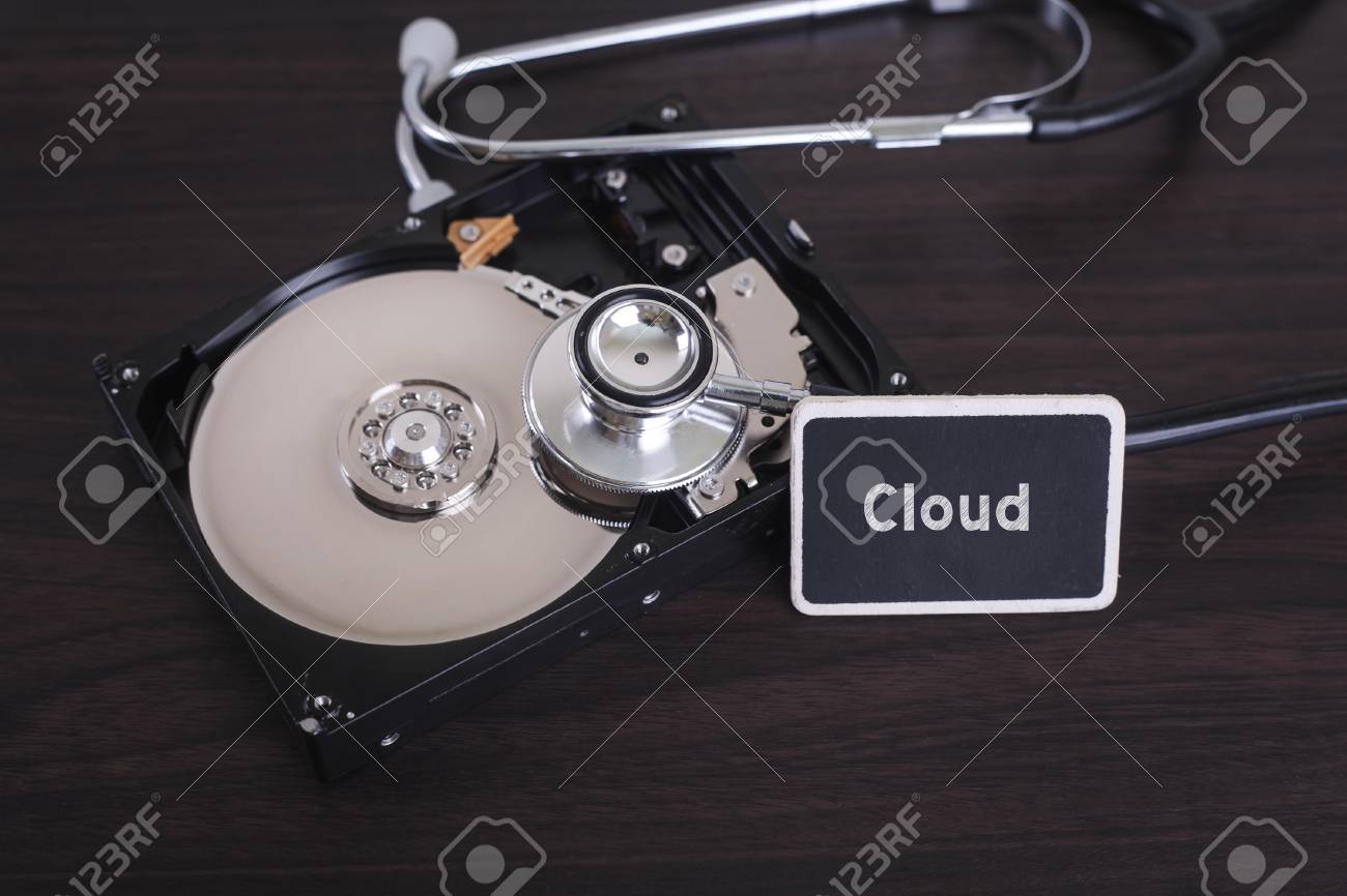 a stethoscope scanning for lost information on a hard drive disc word for lost