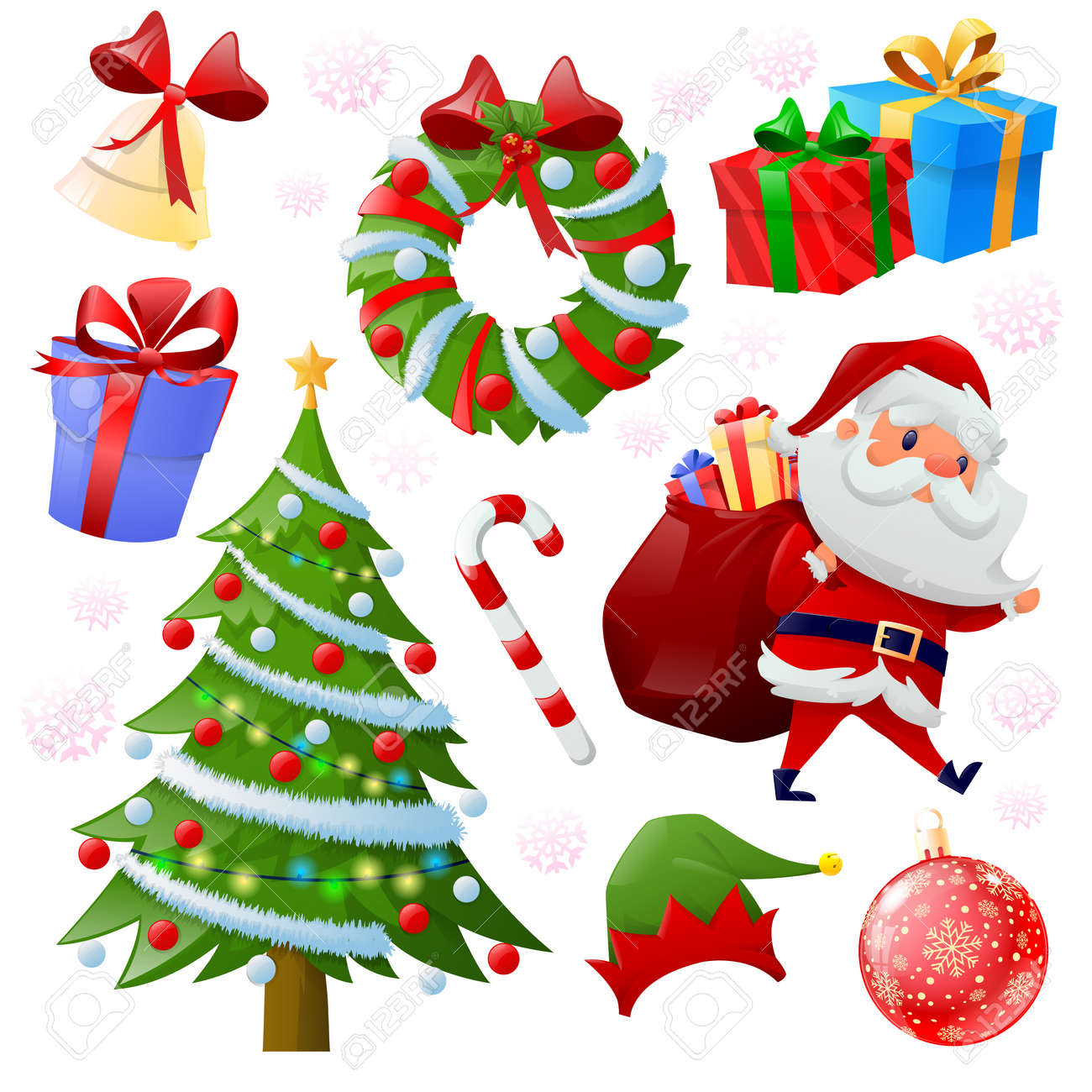 Colección De Elementos Navideños. Iconos De Decoración Navideña Con Santa, Árbol De Navidad, Regalos, Sombrero De Duende, Pelota. Coloridos Personajes Y Decoraciones Navideñas. Ilustración Vectorial Ilustraciones svg, vectoriales, clip art vectorizado ...