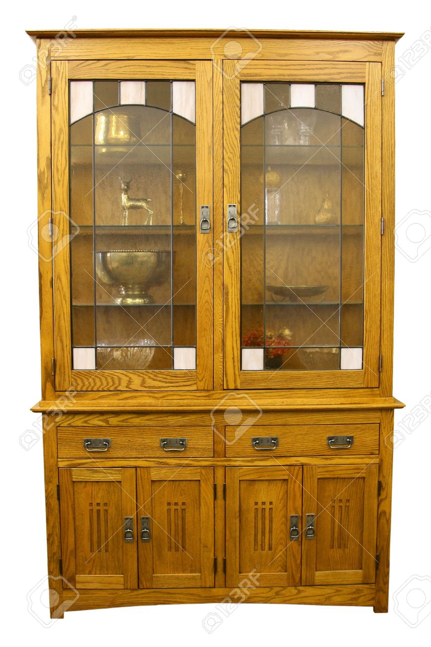 Solid Oak Mission Style China Cabinet In Light Finish Stock Photo