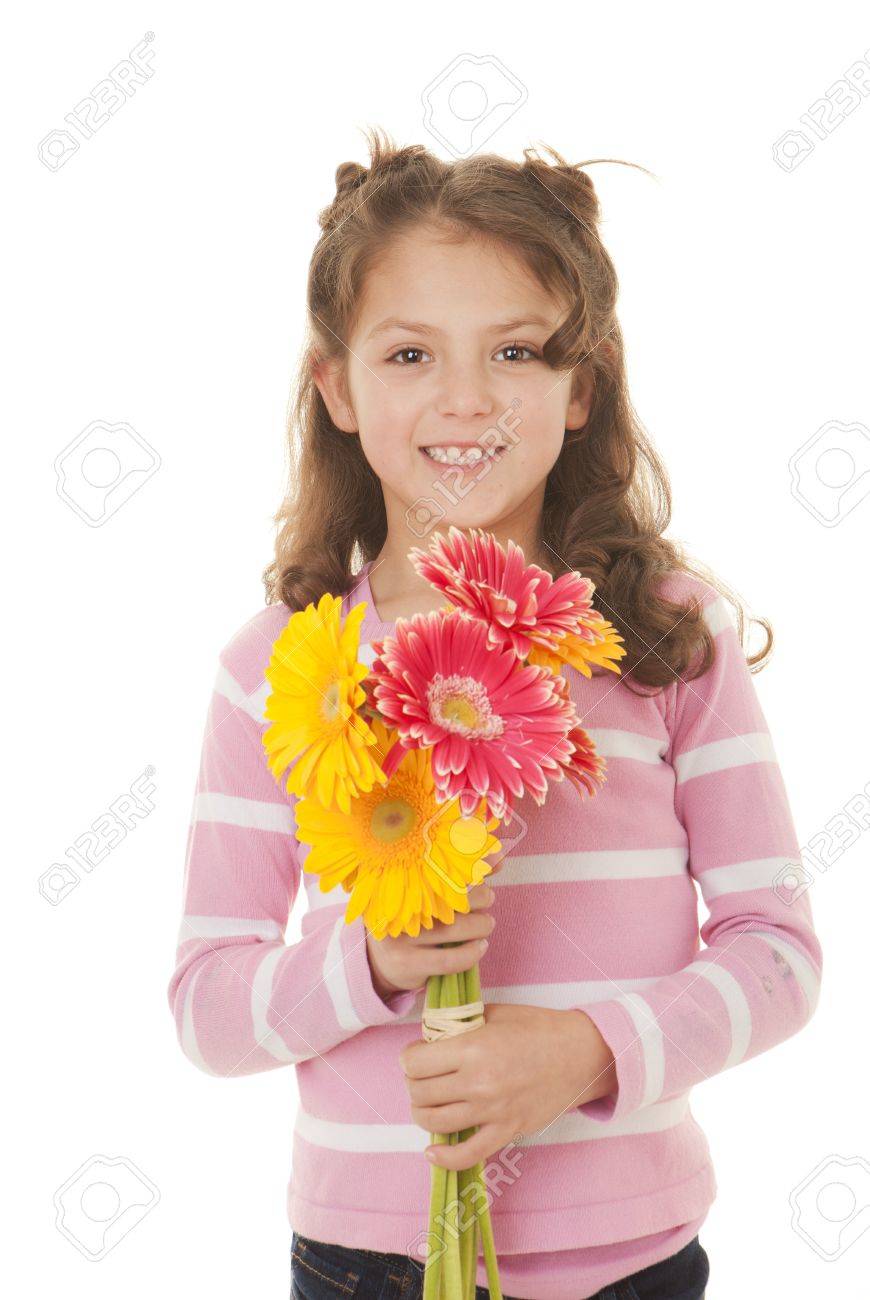 Smiling Kid Holding Gift Of Flowers Stock Photo, Picture and Royalty Free  Image. Image 18577935.