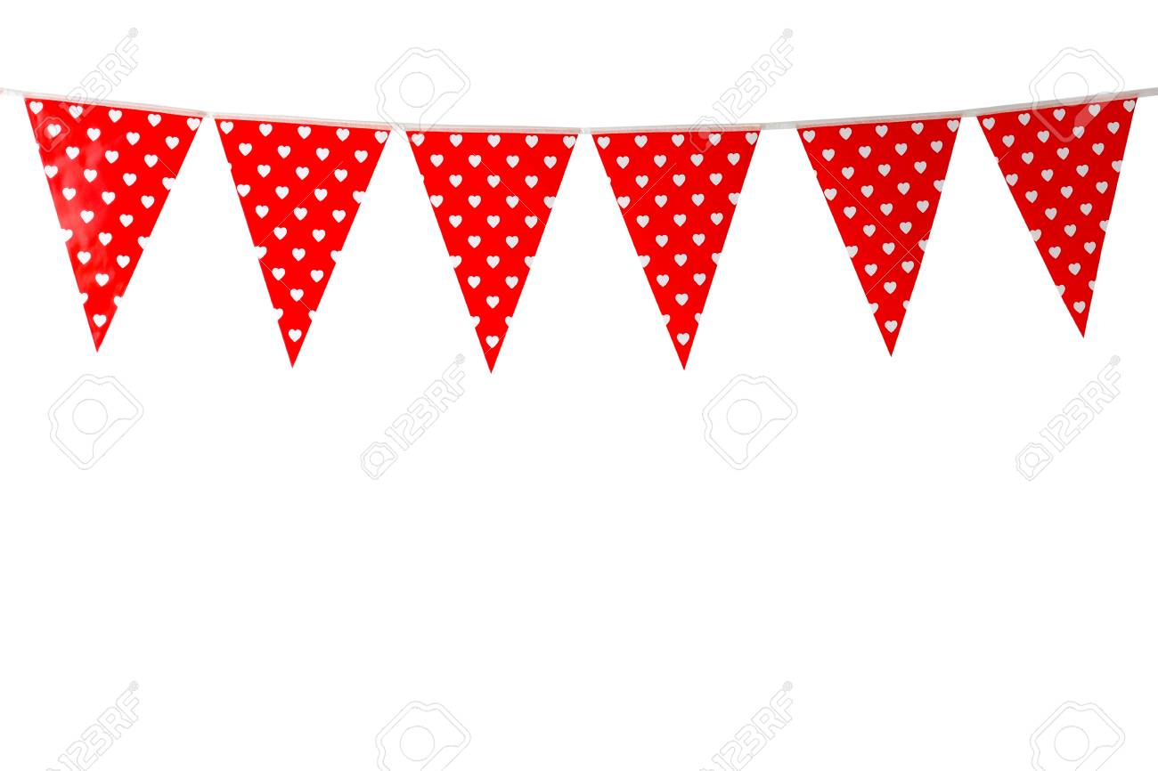 Red Bunting Party Flag With Heart Shape Pattern Isolated On White