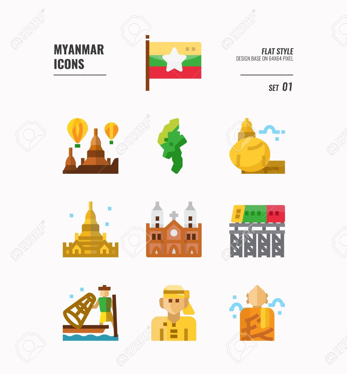 Myanmar icon set. Include flag, landmark, people, culture and more. Flat icons Design. vector - 129077344 Myanmar icon set. Include flag, landmark, people, culture and more. Flat icons Design. vector - 129077344