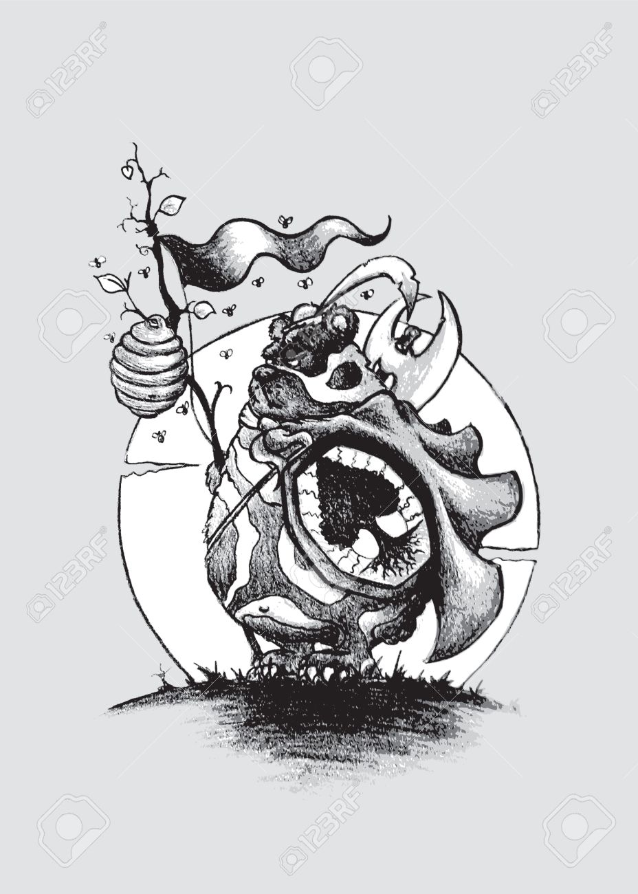 自然戦士クマ 架空のキャラクター 鉛筆デッサン イラスト のイラスト素材 ベクタ Image