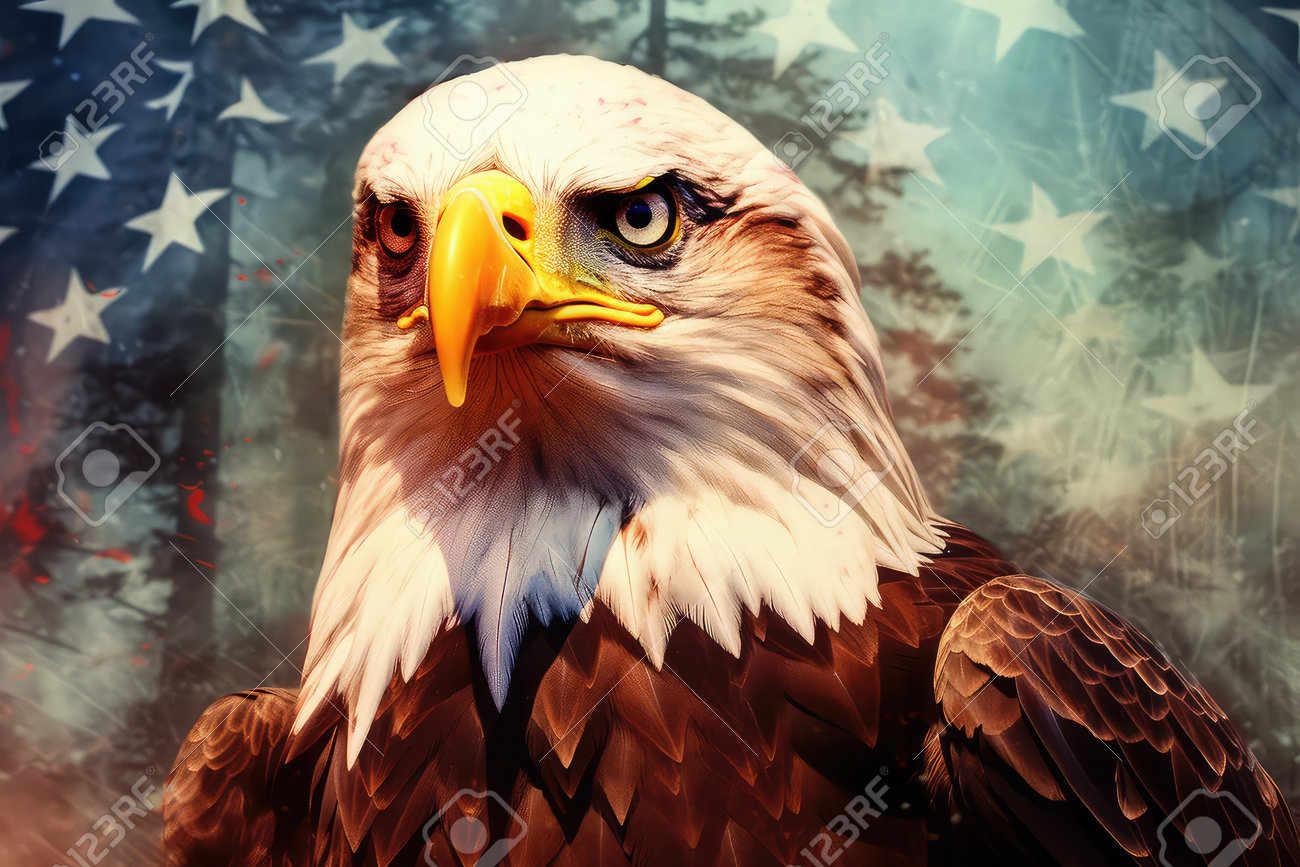 American Eagle. Eagle Portrait. American Flag Background. American Eagle.  Stock Photo, Picture and Royalty Free Image. Image 205547913., image size:1300x867