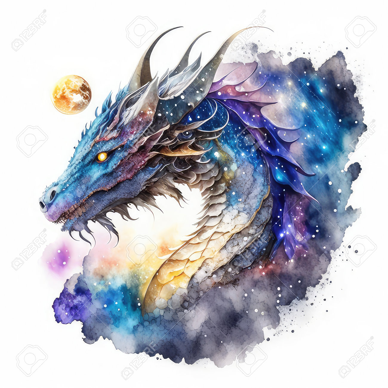 Dragon With Cosmic Background. Hand Drawn Watercolor Illustration