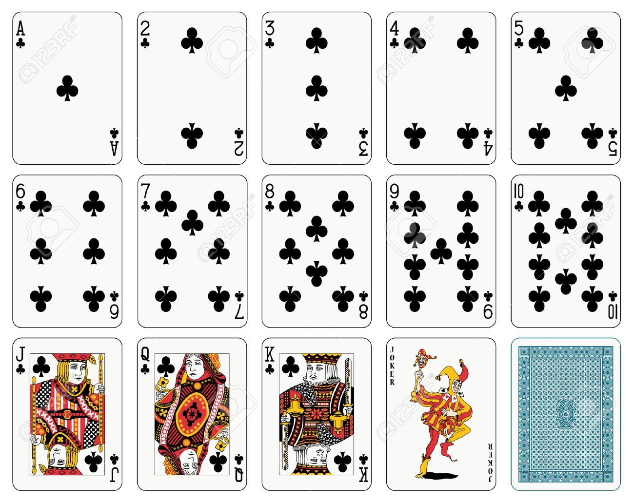 detailed playing cards club suit joker and back club in cards