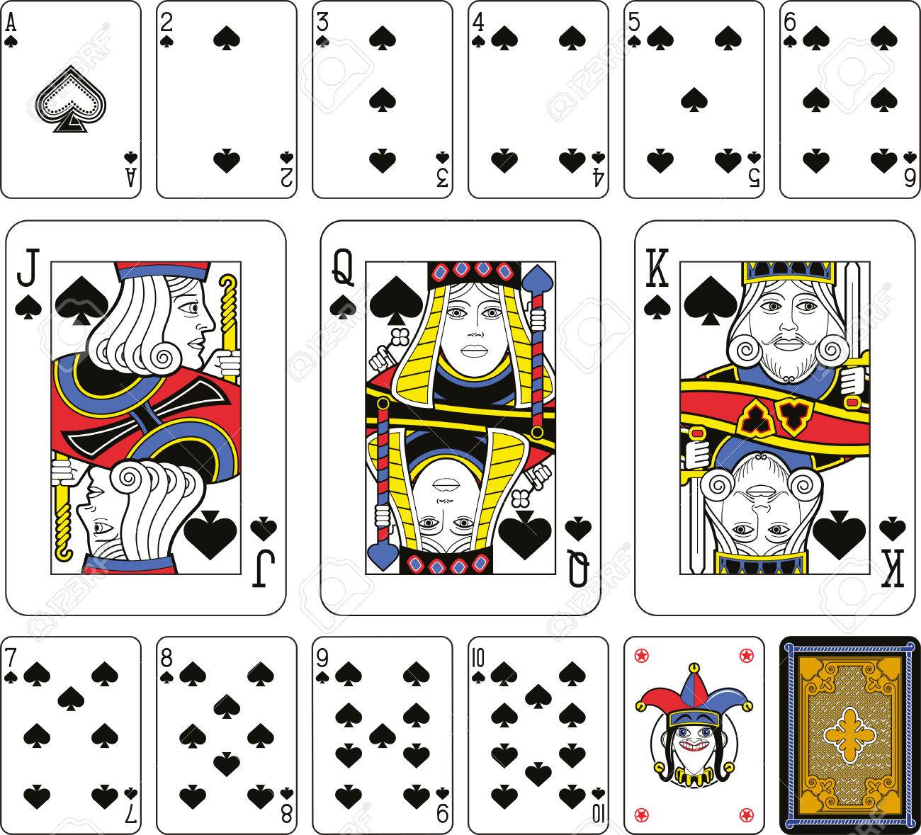 playing cards, spades suite, joker and back. faces double sized. green background. royalty free cliparts, vectors, and stock illustration. image 36968080. playing cards, spades suite,