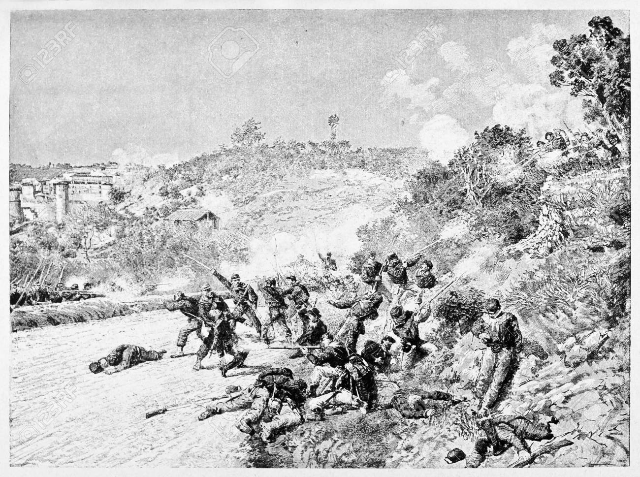 メンターナ合戦 1867 の旧イラストは フランス教皇軍と Garibalsi が率いるイタリア人ボランティアの間 の写真素材 画像素材 Image