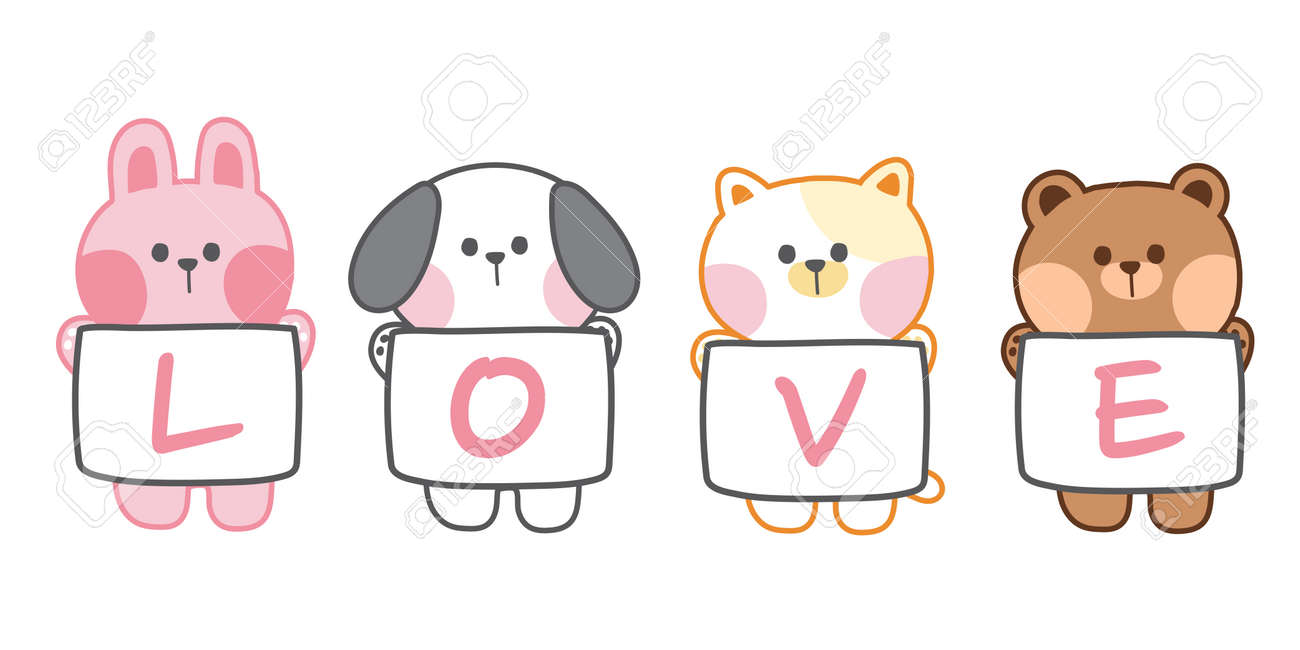 Valentine's Day Concept.Animals With Love Writing On Paper Banner.Rabbit,dog,cat,bear  Hand Drawn.Cute Cartoon Character Design.Image For  Card,poster,sticker.Isolated.Kawaii.Zoo.Vector.Illustration. Royalty Free  SVG, Cliparts, Vectors, and Stock ..., image size:1300x650