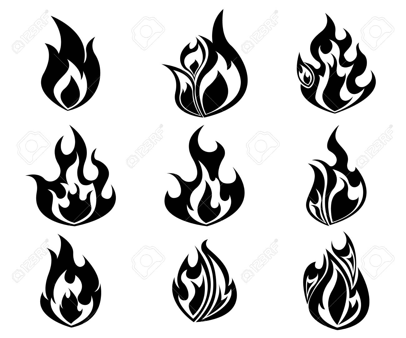 Conjunto De Fuego, De Llamas Color Blanco Y Negro Ilustración Vectorial Ilustraciones Svg, Vectoriales, Clip Art Vectorizado Libre De Derechos. Image 54305787.