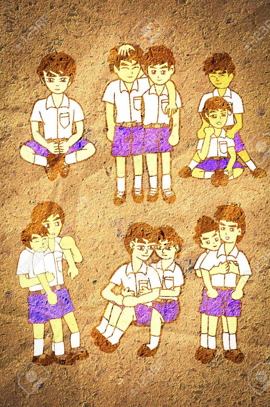 古い紙にタイの少年学生漫画コレクション の写真素材 画像素材 Image