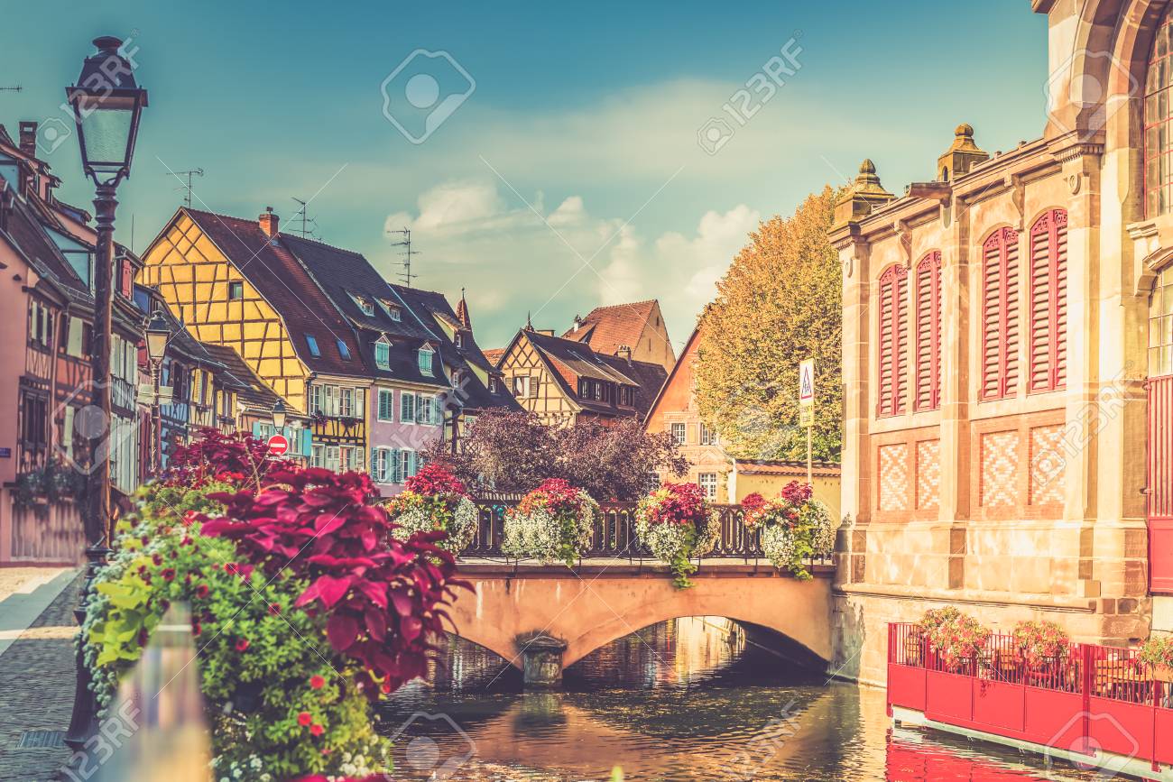 Colorful Traditional French Houses On The Side Of River Lauch In Petite  Venise, Colmar, Alsace, France, Toned Image Stock Photo, Picture and  Royalty Free Image. Image 97659384., image size:1300x867
