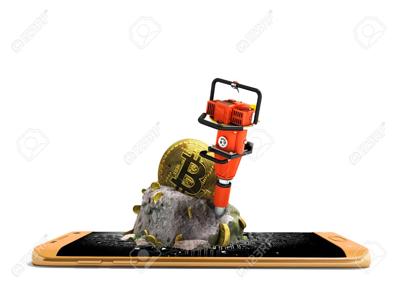 앞에 오렌지 전화에서 범프와 마이닝 비트 코인의 현대 개념 3d 그림자와 흰색 배경에 렌더링 로열티 무료 사진, 그림, 이미지 그리고  스톡포토그래피. Image 96960902