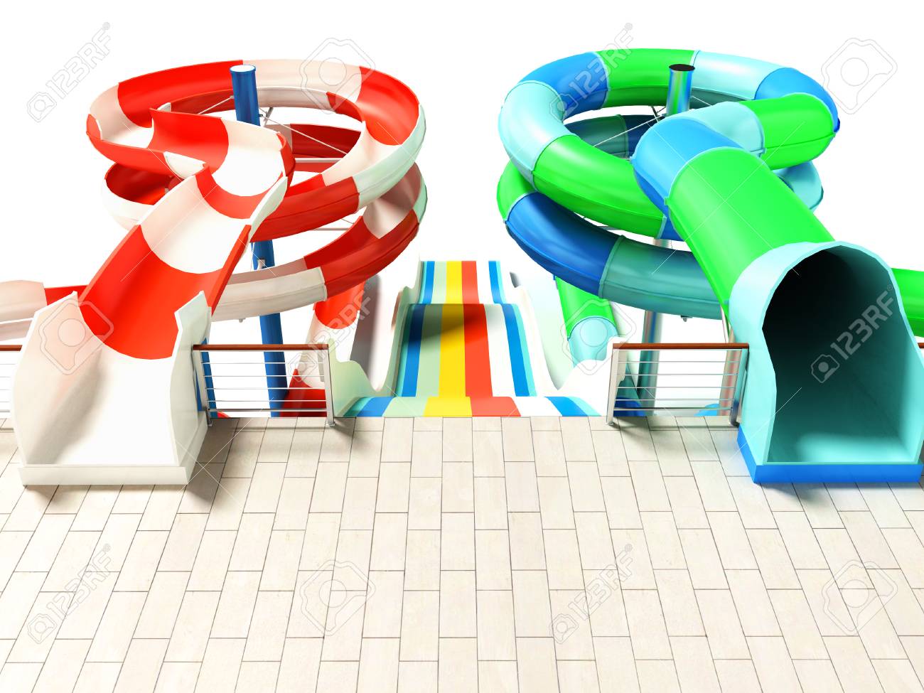 ビーチやプールの水のアトラクション 2 つのジェットコースタースプリングと影のある白い背景に 3d レンダリングの上から 3 つのストレート スライド の写真素材 画像素材 Image