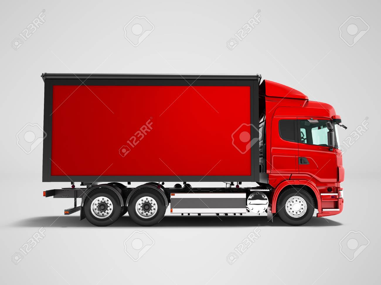 Moderner Roter LKW Mit Rotem Anhänger Für Den Transport Von Waren Von Der  Seite 3D-Render Auf Grauem Hintergrund Ohne Schatten Lizenzfreie Fotos,  Bilder und Stock Fotografie. Image 102794303.