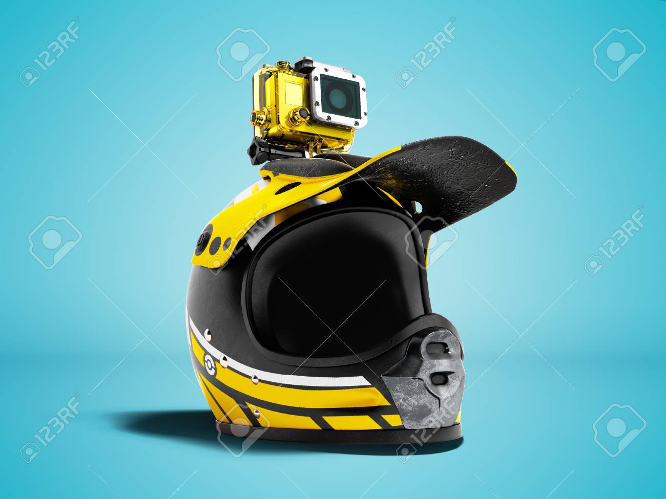 Download Modern Yellow Motorcycle Helmet With Yellow Action Camera 3d Stock Photo Picture And Royalty Free Image Image 107147174 Yellowimages Mockups