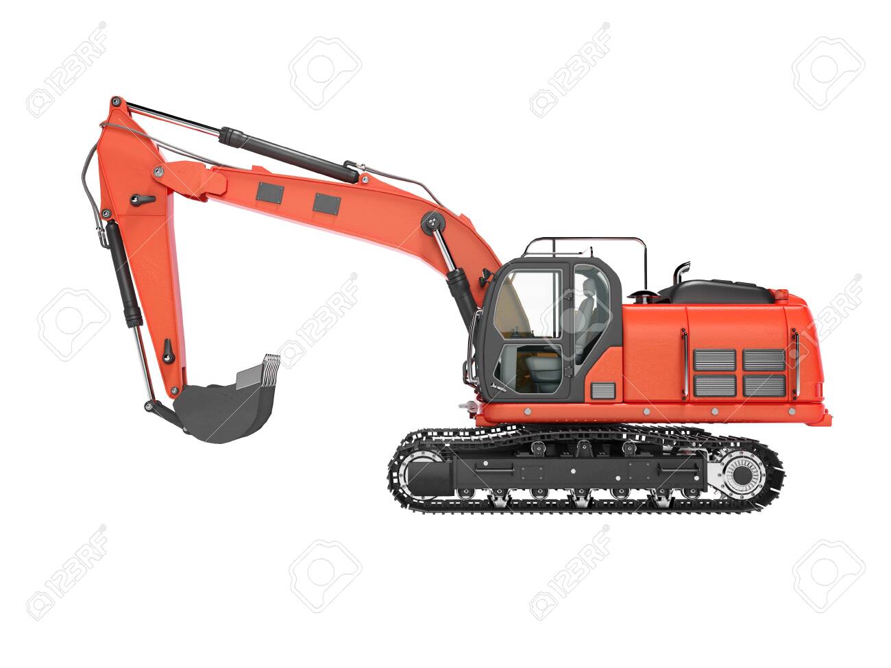 Road building red excavator on metal caterpillar track left side view 3d render on white background no shadow - 129352276 Road building red excavator on metal caterpillar track left side view 3d render on white background no shadow - 129352276