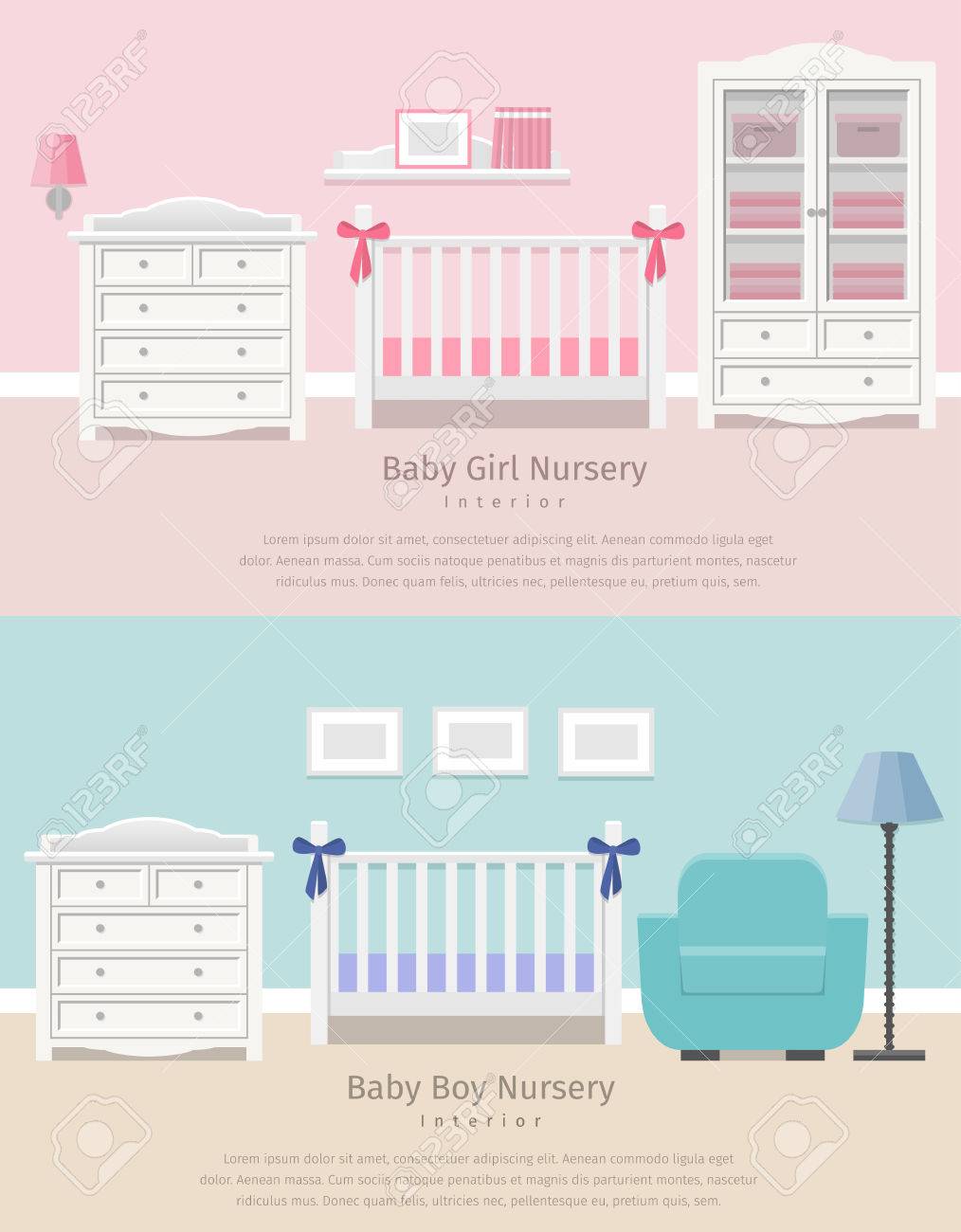 Zwei Fahnen Von Baby Kinderzimmer Interieur Fur Madchen Und Jungen Mit Weissen Mobeln Im Flachen Stil Moderne Kinderzimmer Design Hintergrund Vektor Illustration Lizenzfrei Nutzbare Vektorgrafiken Clip Arts Illustrationen Image 68960642