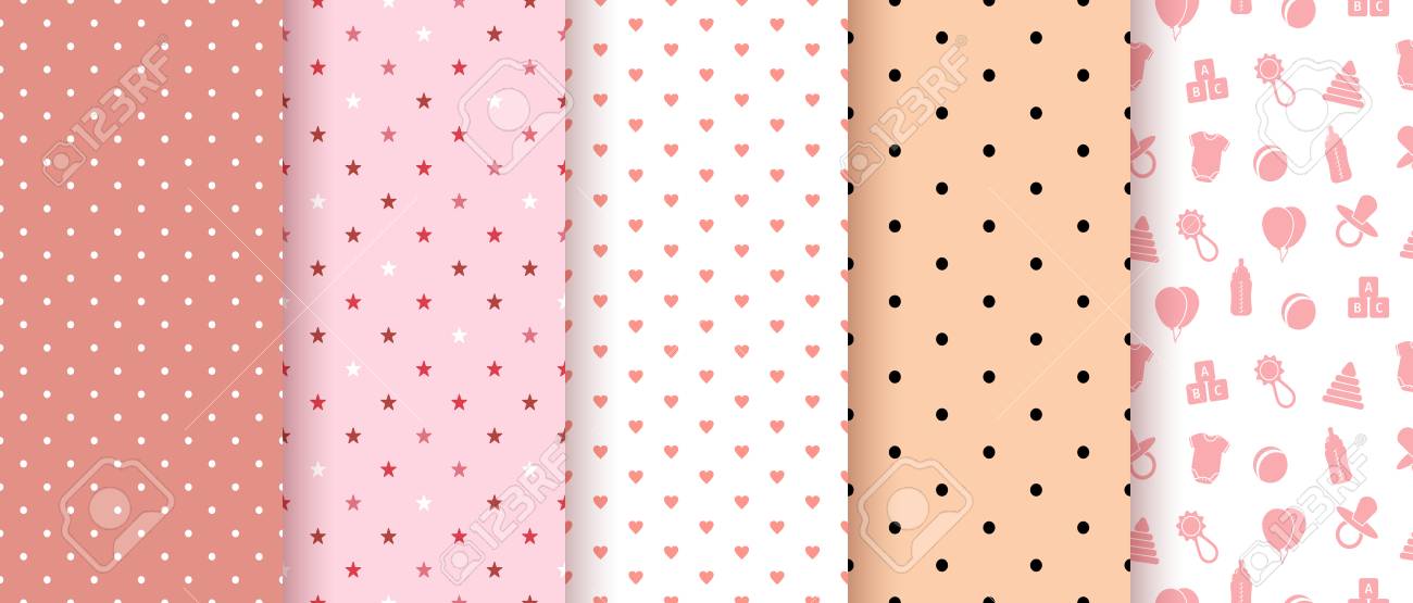 Seamless Patterns For Baby Girl Shower Party Set Of Cute Pink