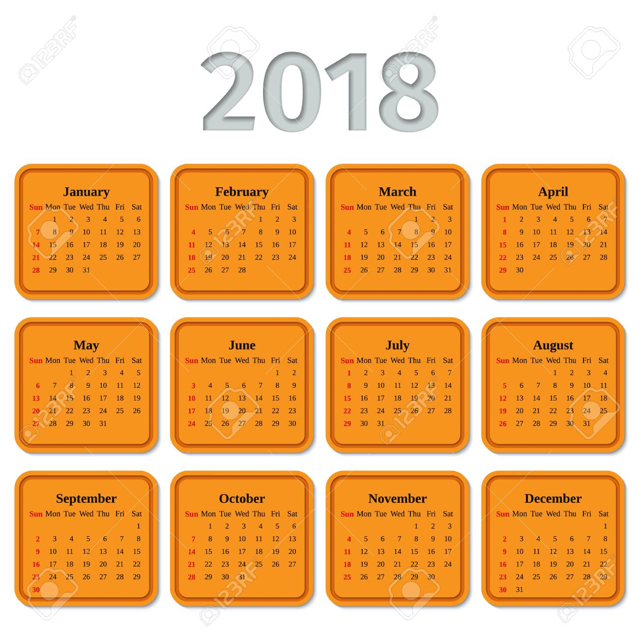 18 年をカレンダーします 週の開始日 ベクトル ひな形テンプレートです 年間カレンダーの主催者 のイラスト素材 ベクタ Image