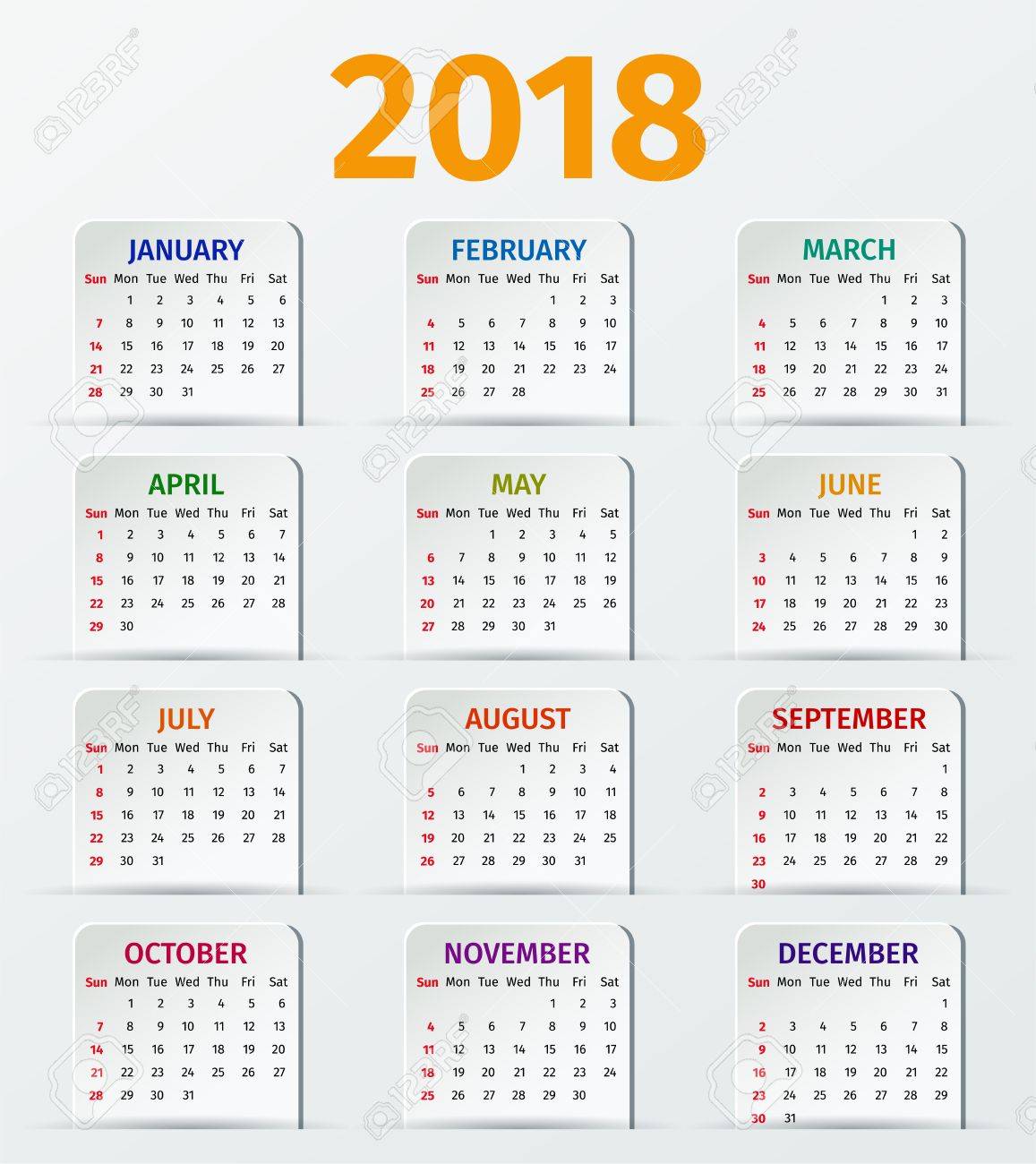 calendar 2018 year week starts sunday vector stationery template yearly calender
