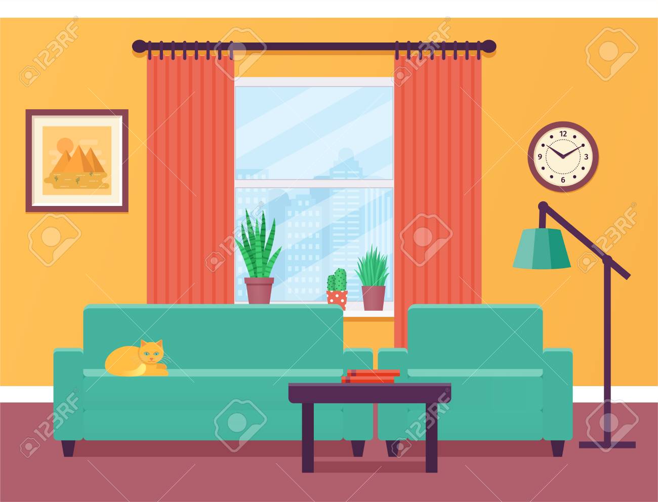 Living room interior with window in flat design. Vector illustration