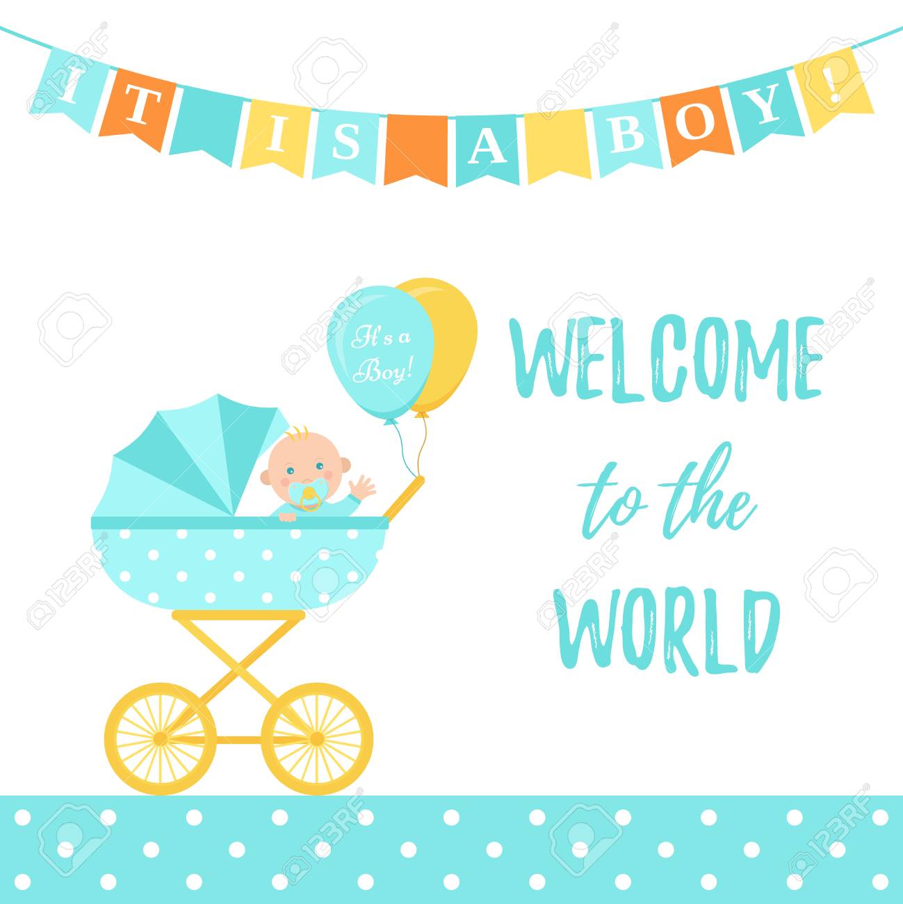 Baby Shower Boy Card Vector Cute Blue Banner With Pram Kid