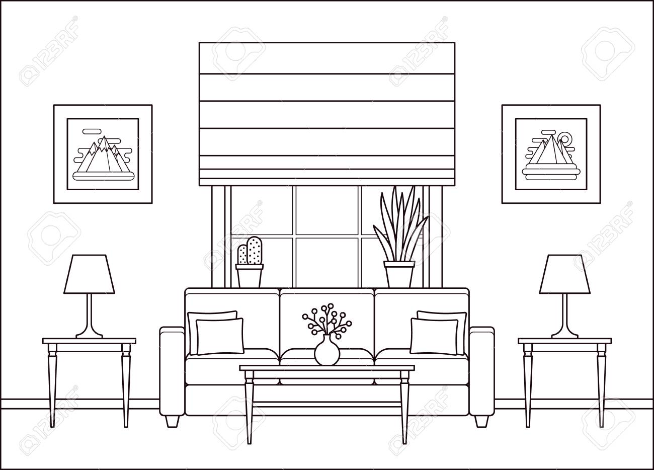 Living room interior. Linear room with window in flat design. Vector. Outline background. Home space with furniture in line art. Lounge line illustration. Cartoon house equipment. Coloring page. - 121941953 Living room interior. Linear room with window in flat design. Vector. Outline background. Home space with furniture in line art. Lounge line illustration. Cartoon house equipment. Coloring page. - 121941953