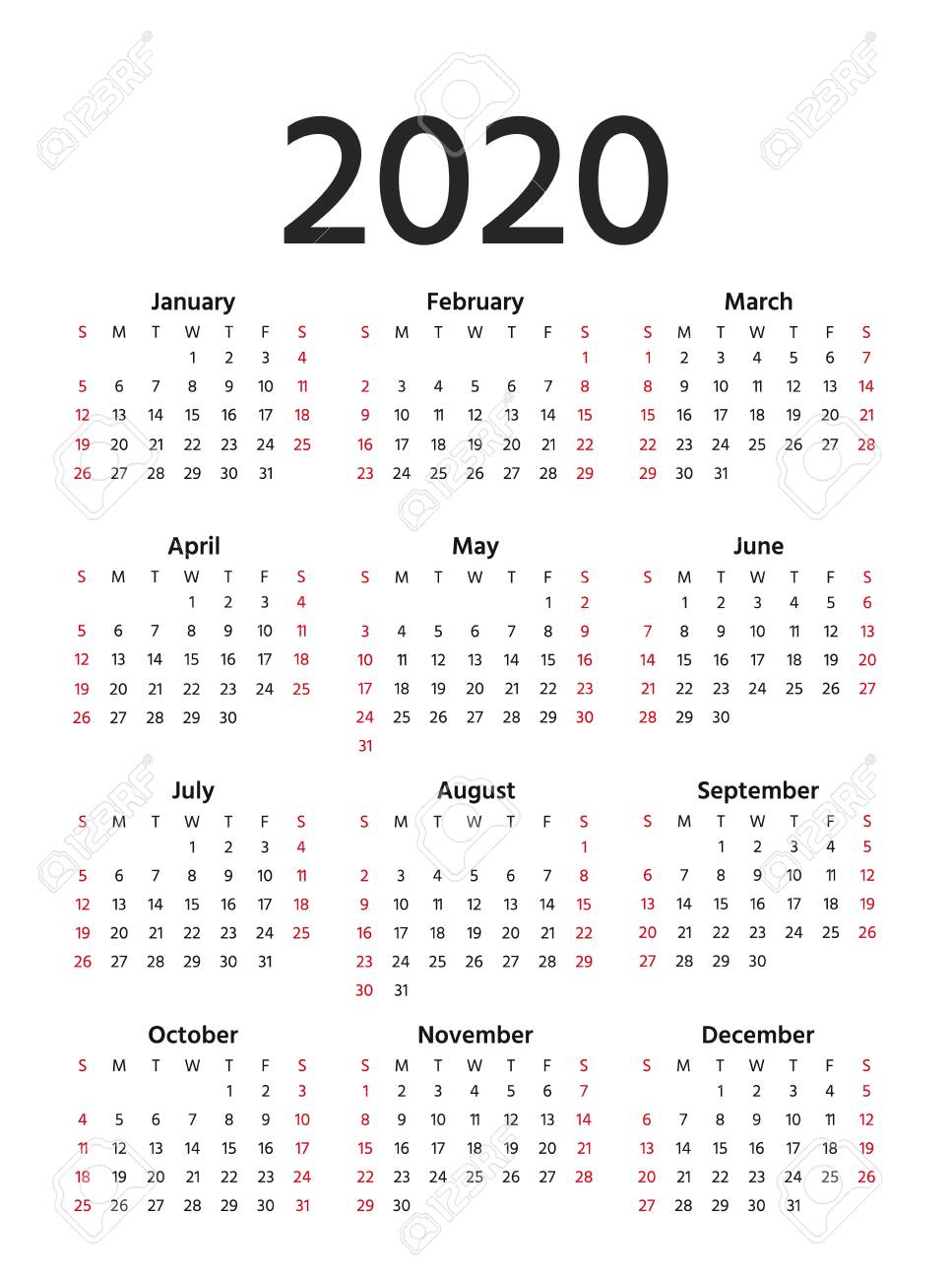 2020 calendar in simple style vector stationery 2020 year template calendar yearly 2020