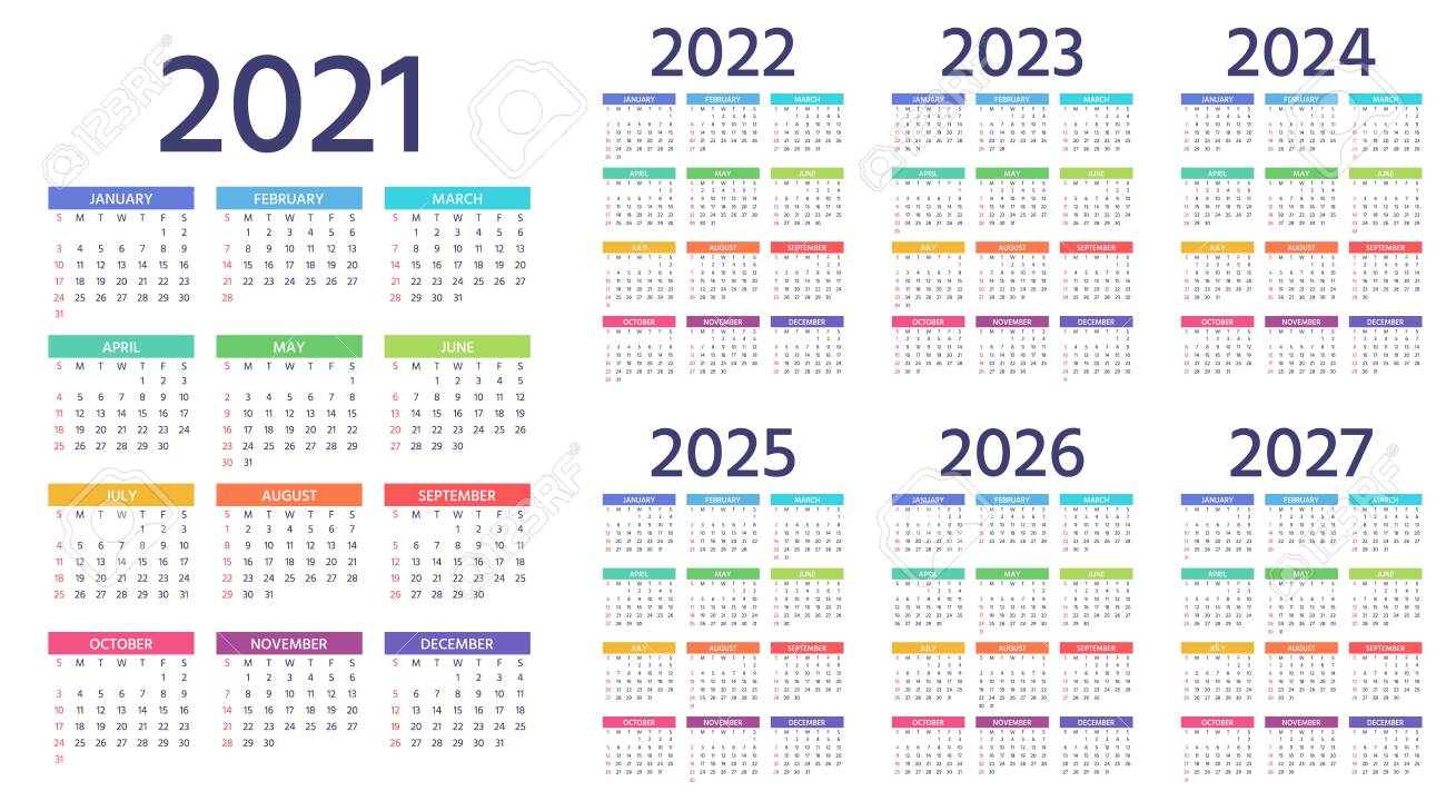 Calendar 2021, 2022, 2023, 2024, 2025, 2026, 2027 Years. Week Starts  Sunday. Simple Year Template Of Pocket Or Wall Calenders. Yearly Organizer.  Stationery Color Layout. Portrait Orientation, English. Royalty Free SVG,  Cliparts, Vectors, And Stock ...