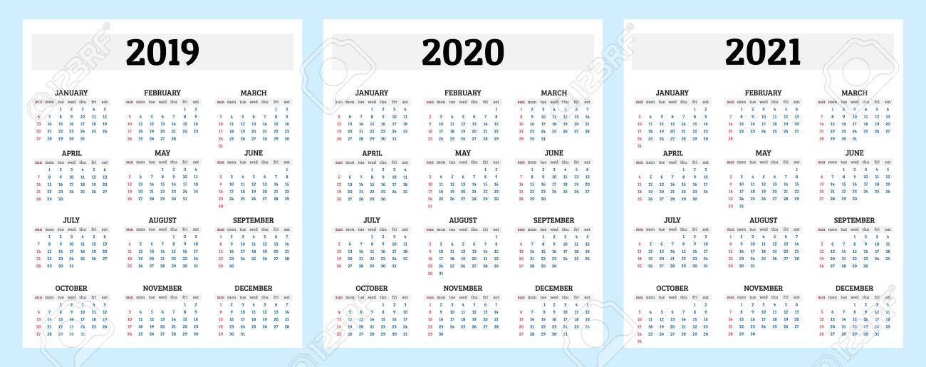 annual calendar 2019 2020 and 2021 template vector illustration annual calendar