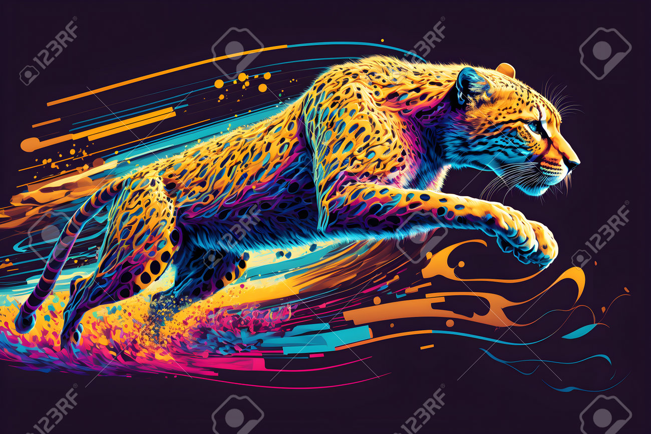 高速で走るチーターの実例となるシュールなデザイン。色とりどりの絵