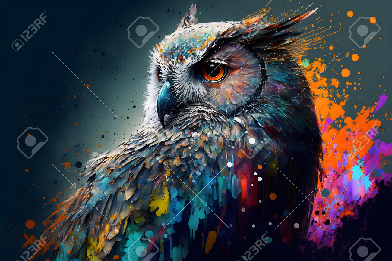 Illustrative Surreal Design Of An Owl. Multicolored Painting. Generative AI.  Stock Photo, Picture and Royalty Free Image. Image 196357410.