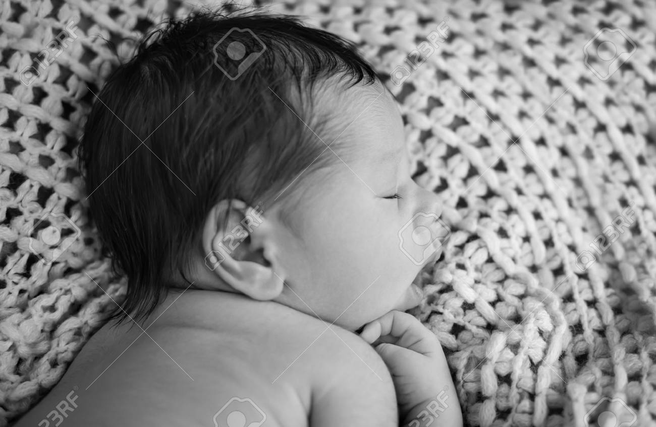 Portrait Mignon Bebe Nouveau Ne Dormir A Tricoter Une Couverture Noir Et Blanc Banque D Images Et Photos Libres De Droits Image