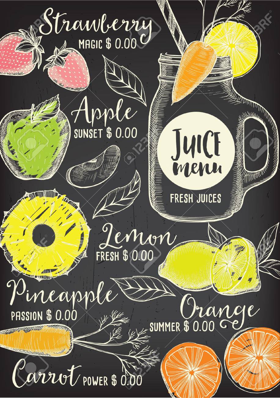 Juice menu placemat drink restaurant brochure, dessert template design. Vintage creative beverage template with hand-drawn graphic. Vector food menu flyer. Gourmet menu board. - 58782214 Juice menu placemat drink restaurant brochure, dessert template design. Vintage creative beverage template with hand-drawn graphic. Vector food menu flyer. Gourmet menu board. - 58782214