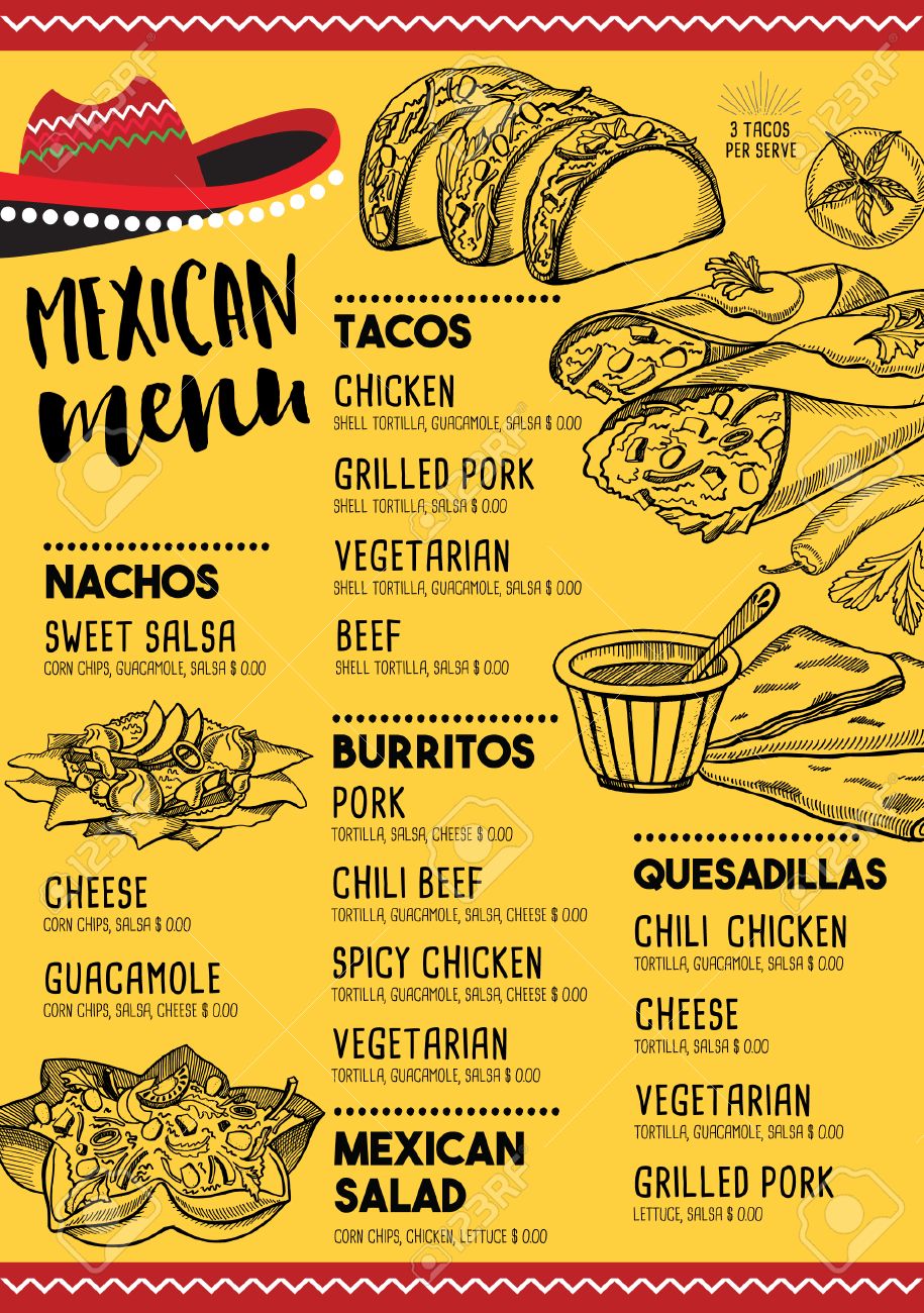 mexican menu placemat food restaurant menu template design