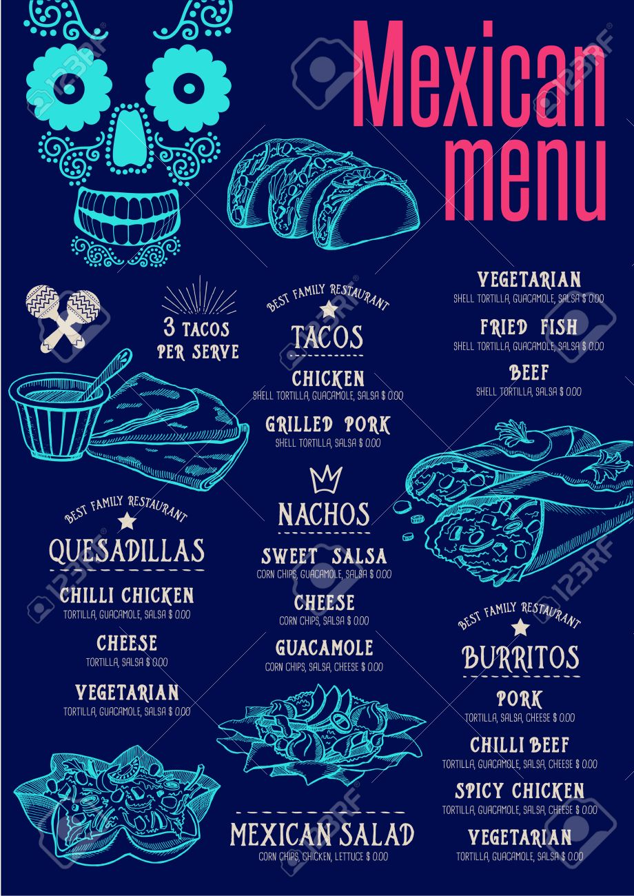 mexican menu placemat food restaurant brochure template design salsa vintage flyer
