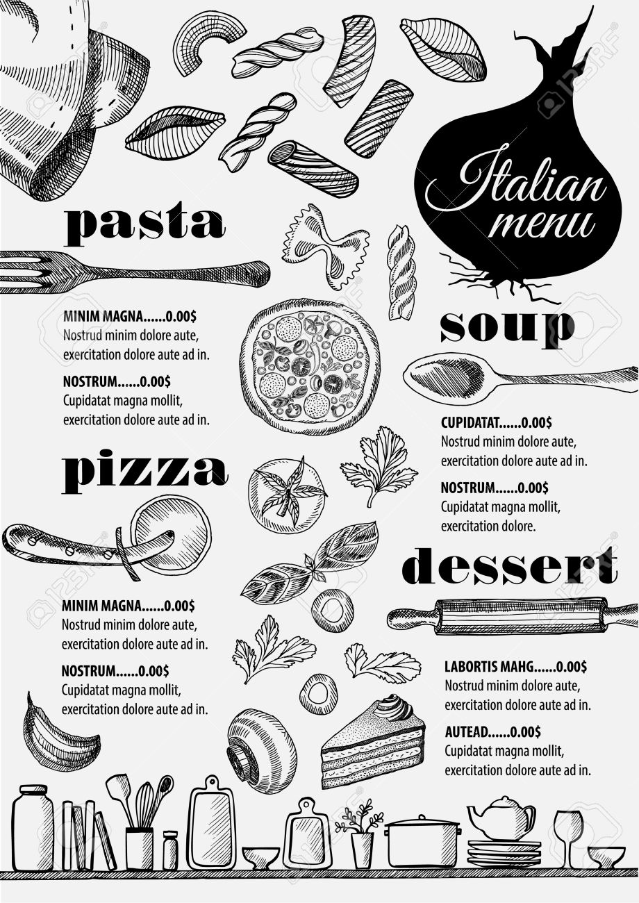 イタリアン メニュー マット食品レストラン パンフレット テンプレート デザイン 手描きのグラフィックとビンテージ創造的なピザのチラシ のイラスト素材 ベクタ Image