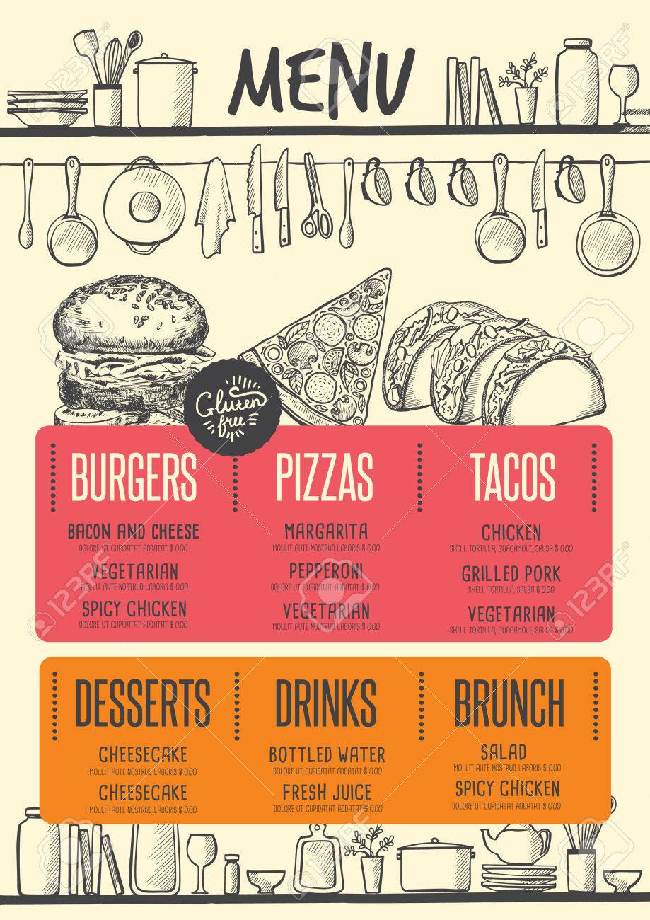 レストラン カフェのフード メニュー 落書きスタイルで手描きのグラフィック要素とデザイン テンプレートです のイラスト素材 ベクタ Image