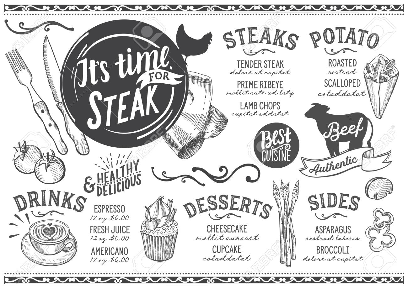 レストラン カフェのステーキ メニュー 食べ物の手描きイラストのデザインのテンプレートです のイラスト素材 ベクタ Image レストラン カフェのステーキ メニュー 食べ物の手描きイラストのデザインのテンプレートです のイラスト素材 ベクタ Image