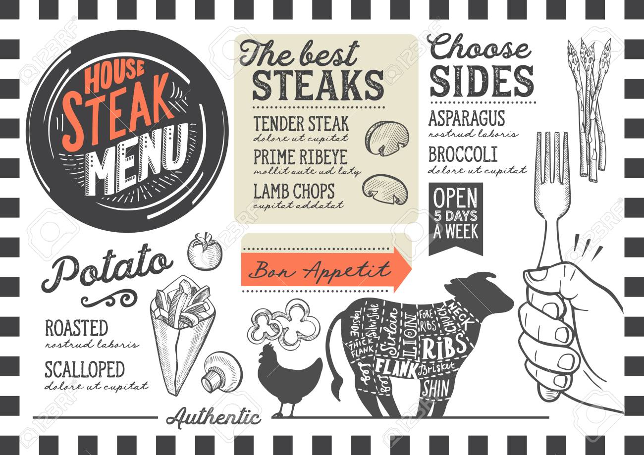 レストラン カフェのステーキ メニュー 食べ物の手描きイラストのデザインのテンプレートです のイラスト素材 ベクタ Image