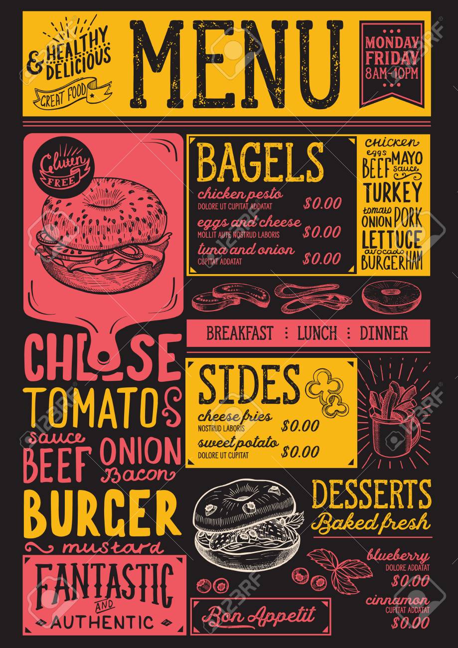 bagels restaurant menu vector sandwich food flyer for bar and