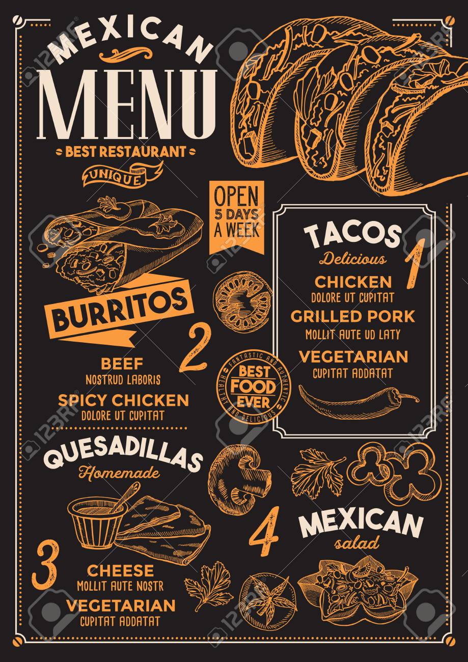 mexican restaurant menu design template with vintage hand drawn
