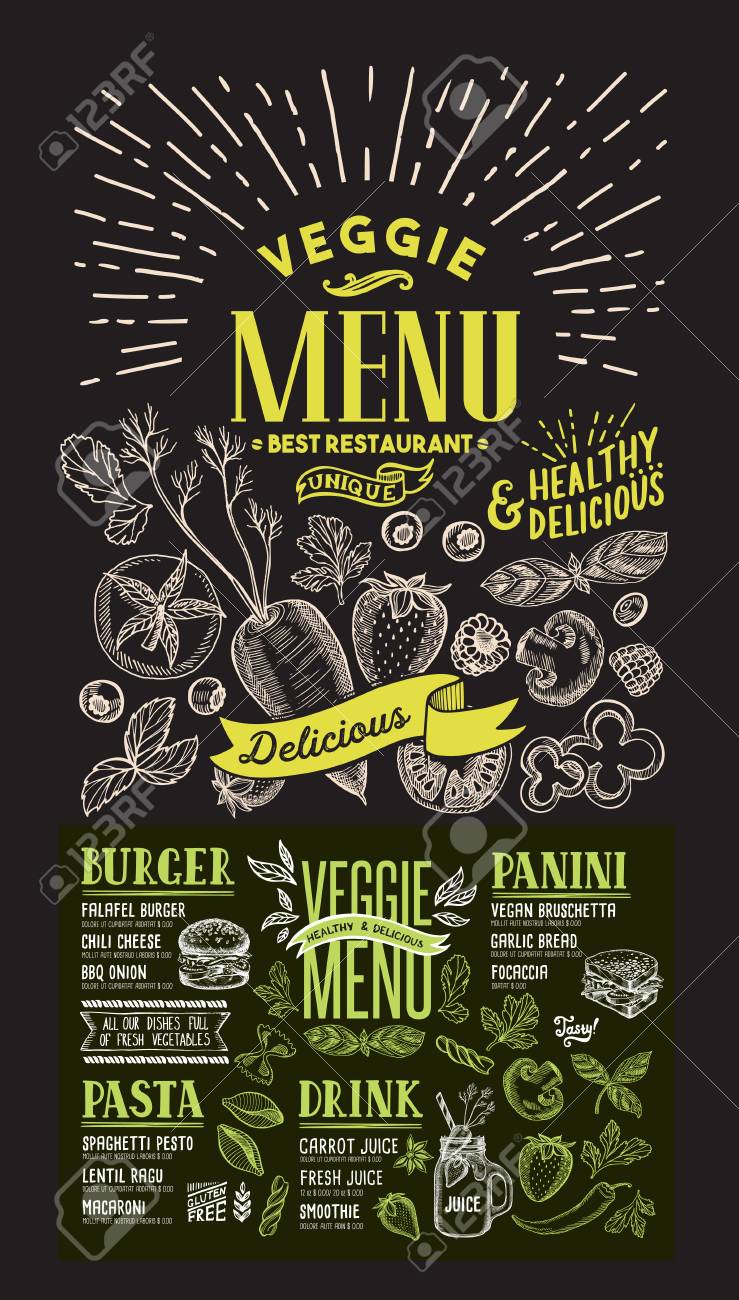 Veggie menu for restaurant. food flyer for bar and cafe. Design template on chalkboard background with food hand-drawn graphic illustrations. - 104660802 Veggie menu for restaurant. food flyer for bar and cafe. Design template on chalkboard background with food hand-drawn graphic illustrations. - 104660802