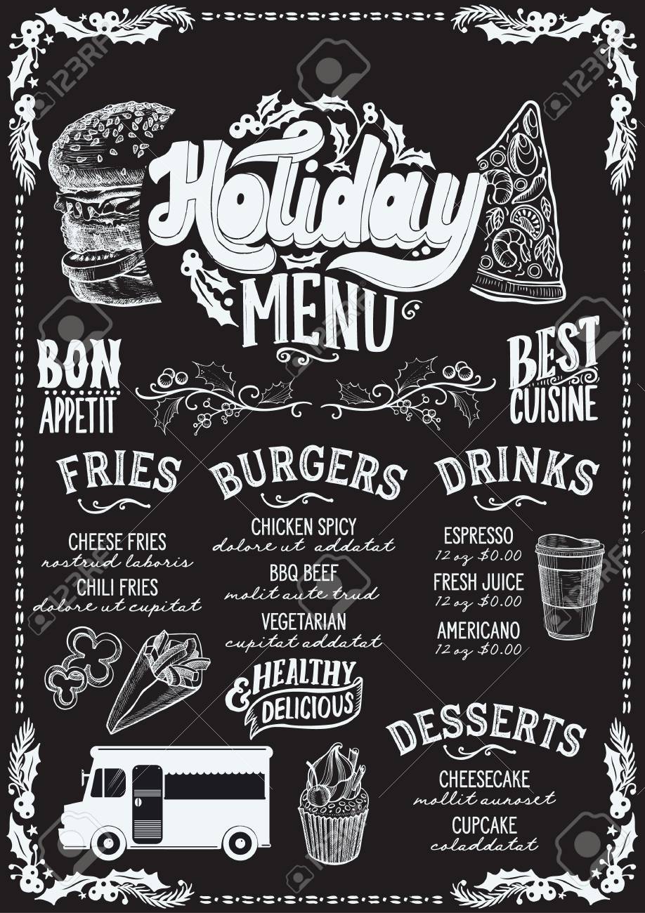 christmas menu template for food truck on blackboard background