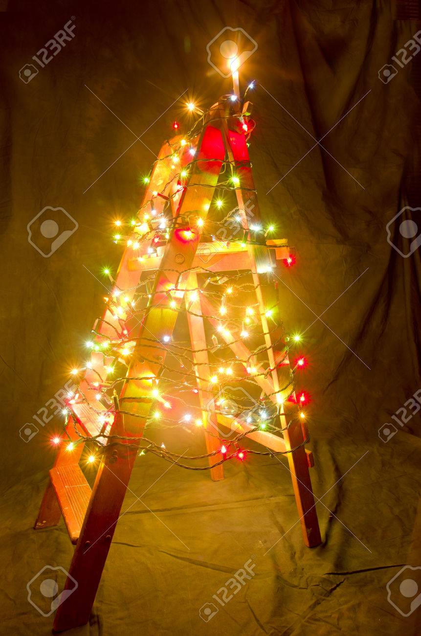 the wooden ladder decorated with christmas lights the shape stock ladder decorated for christmas