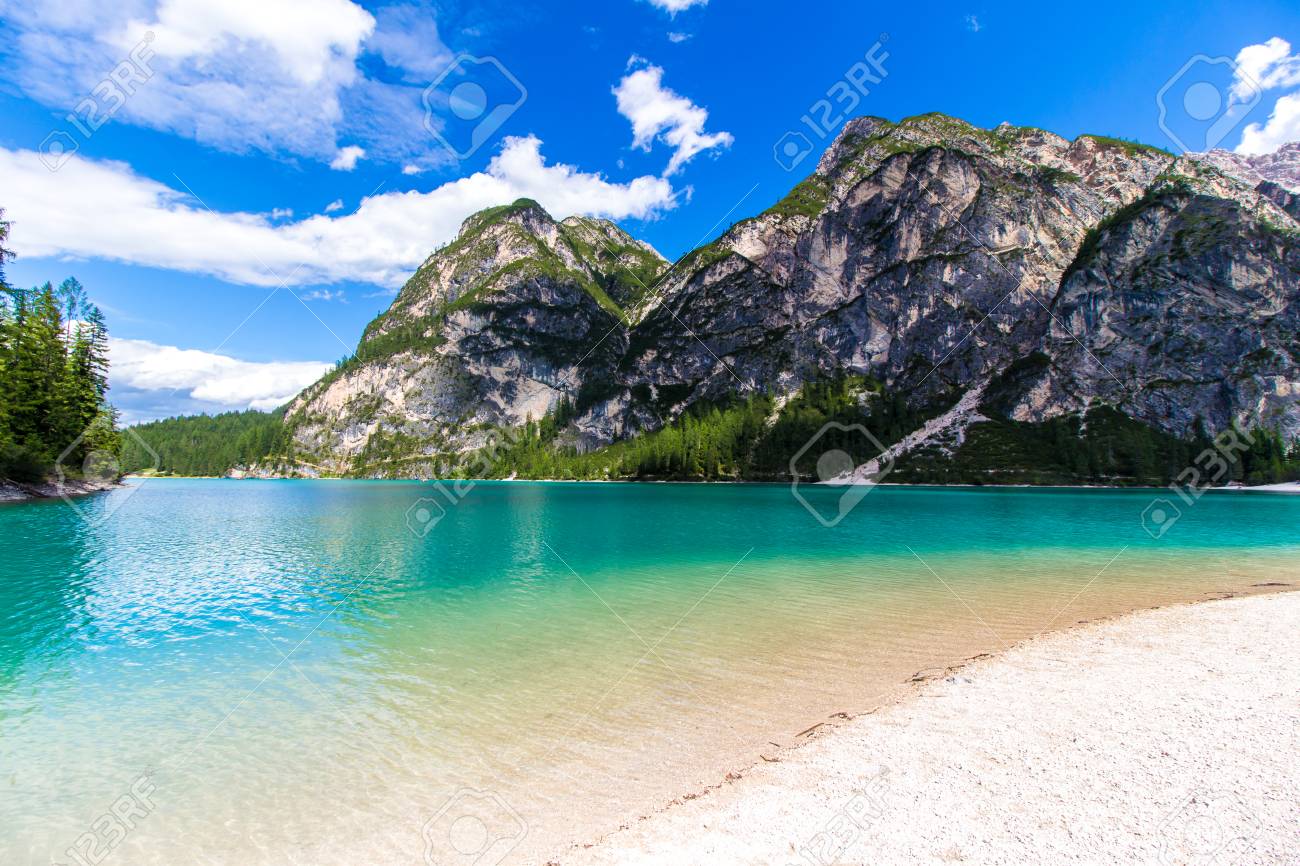The Beach Of Braies Lake Lago Di Braies In The Dolomites