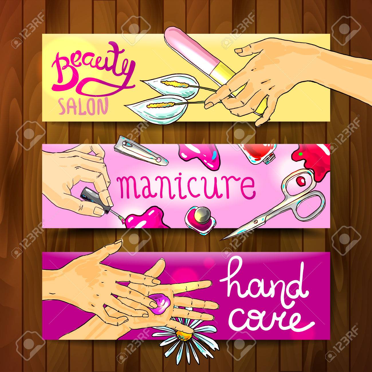 ビューティー サロンで美しい手書きバナー マニキュアのイラスト素材 ベクタ Image